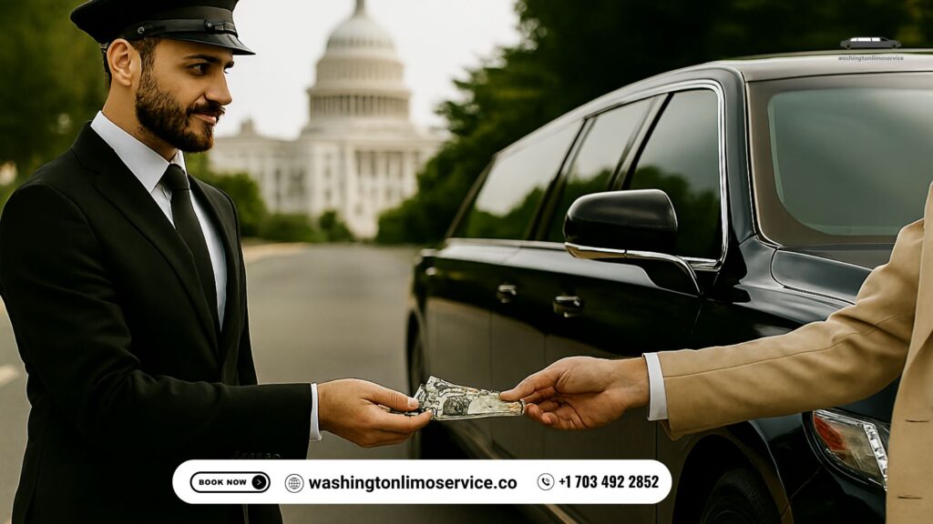Chauffeur in uniform receiving a cash tip from a passenger beside a black limousine near the U.S. Capitol in Washington DC