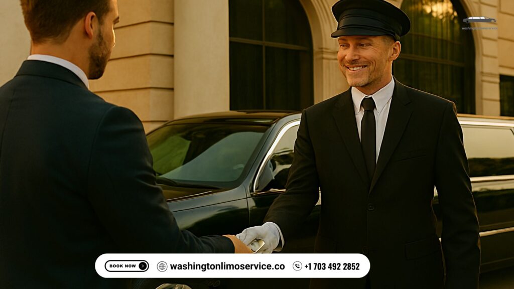 Passenger tipping a professional chauffeur beside a black stretch limousine outside a luxury hotel — Washington Limo Service.