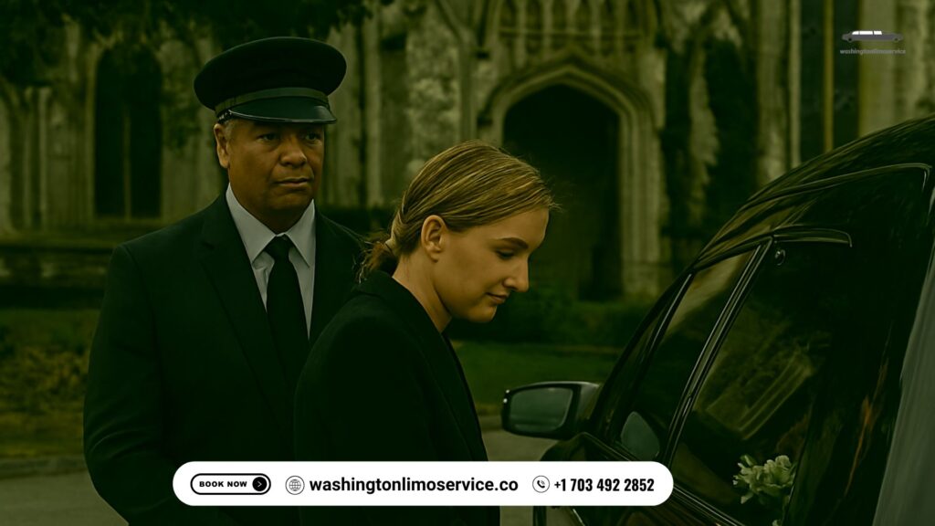 Grieving woman tipping a professional funeral chauffeur beside a black hearse outside a Gothic-style church — Washington Limo Service