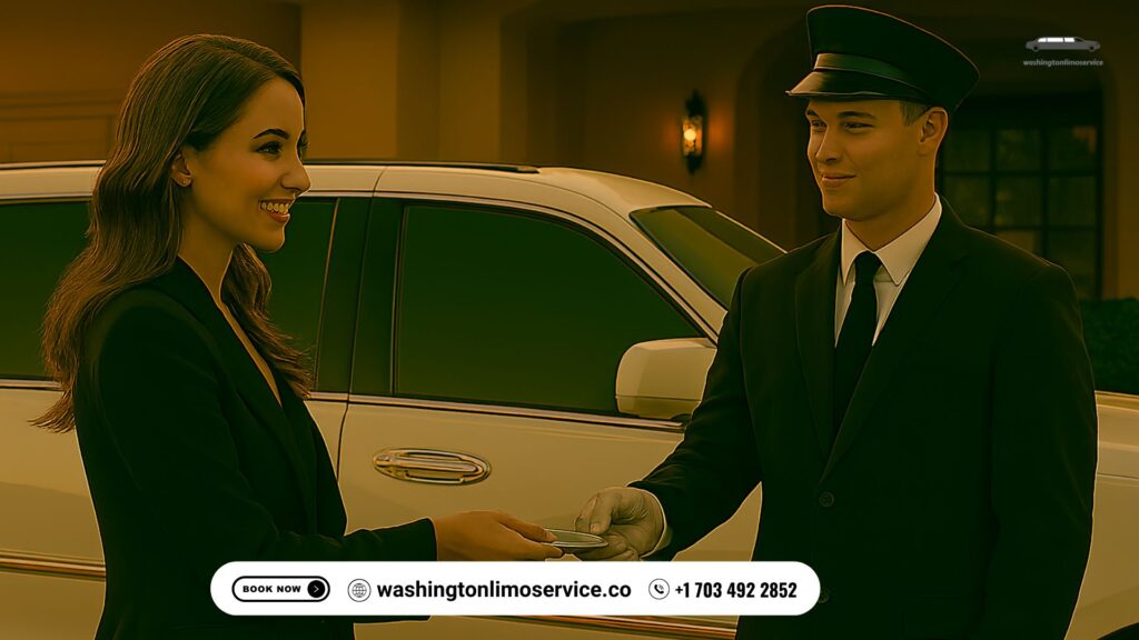 Smiling female passenger with open eyes tipping a white-skinned chauffeur beside a white stretch limousine outside a luxury hotel — Washington Limo Service.