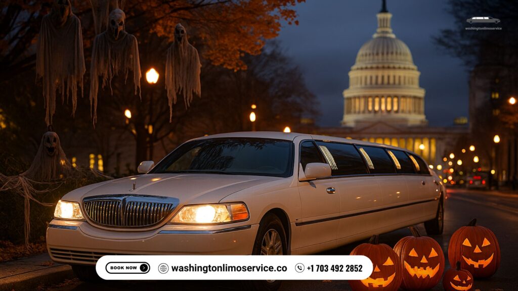 Luxury white stretch limousine in Washington, D.C. at night with glowing jack‑o’‑lanterns, ghost decorations, and the U.S. Capitol dome illuminated in the background for Halloween 2025.