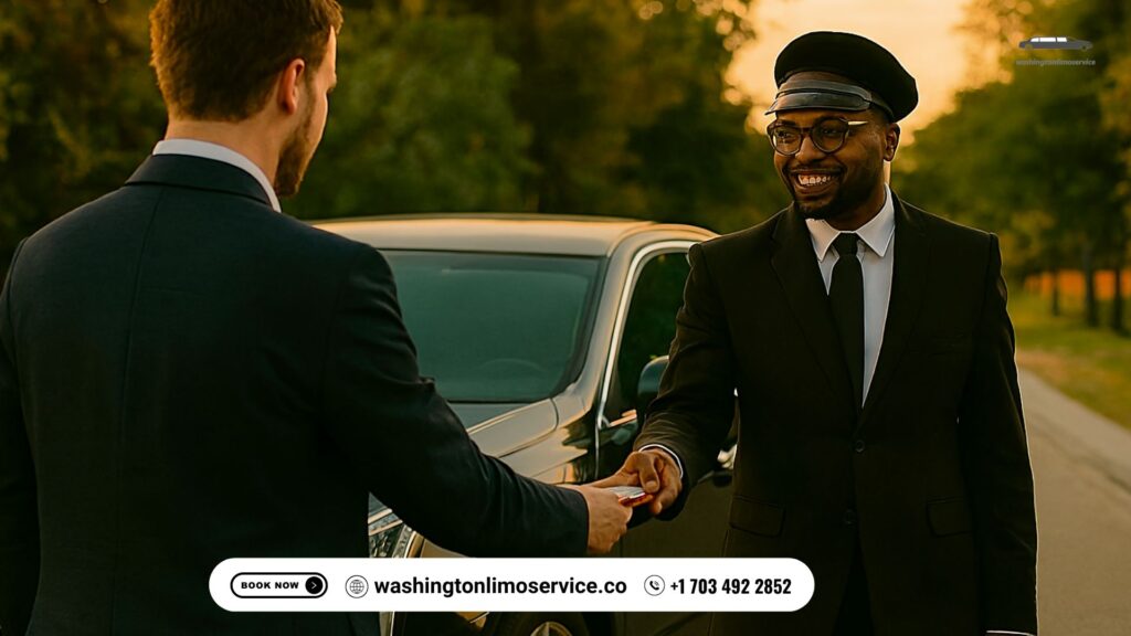 Passenger tipping a professional chauffeur in uniform beside a black luxury vehicle outside an airport terminal.