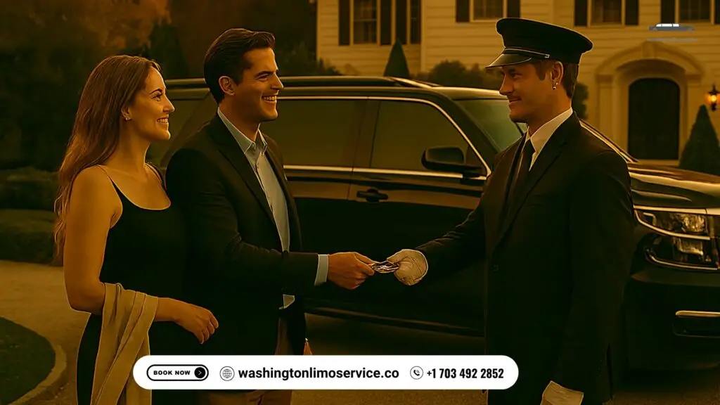 Smiling couple tipping a white-gloved chauffeur beside a black SUV limousine outside a private estate — Washington Limo Service.