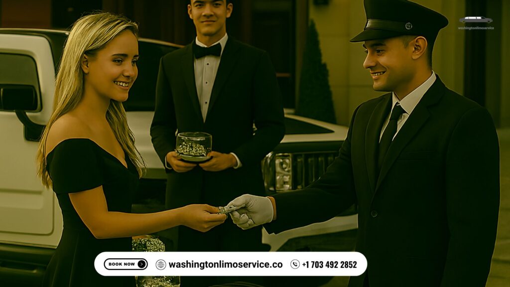 Smiling prom girl in a black gown with a white corsage tips a white-gloved chauffeur beside a white stretch limousine, while her date in a tuxedo stands nearby outside an elegant building.