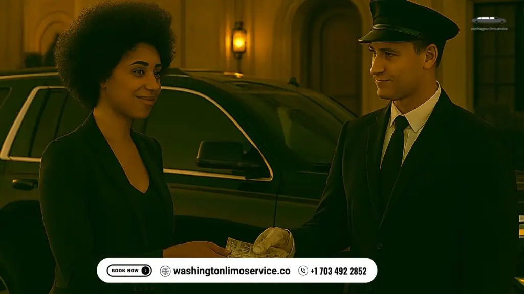 Smiling female passenger tipping a white-skinned chauffeur beside a black SUV limousine outside a historic venue — Washington Limo Service.