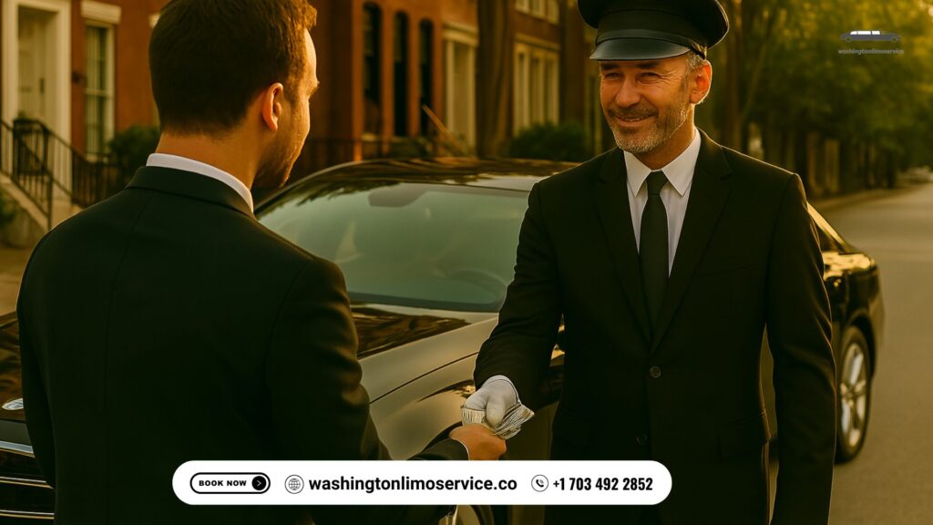 Passenger tipping a young professional chauffeur beside a black luxury sedan after a 1‑hour limo ride — Washington Limo Service.