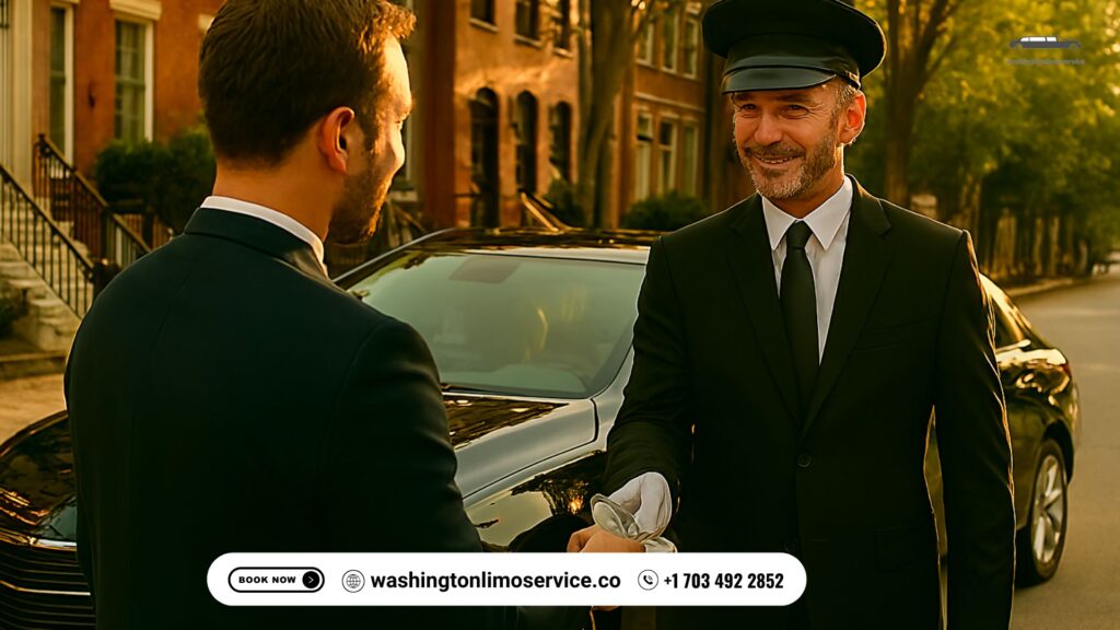 Passenger tipping a professional chauffeur beside a black luxury sedan outside an elegant event venue after an 8‑hour rental — Washington Limo Service.