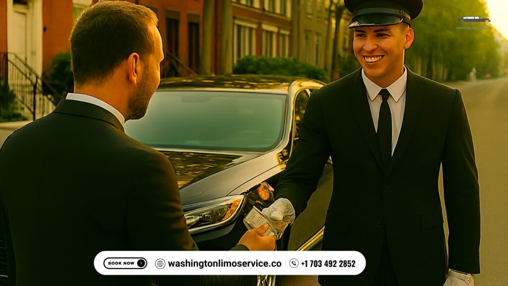 Passenger tipping a young professional chauffeur beside a black luxury vehicle outside a columned building after a 2-hour limo ride — Washington Limo Service.
