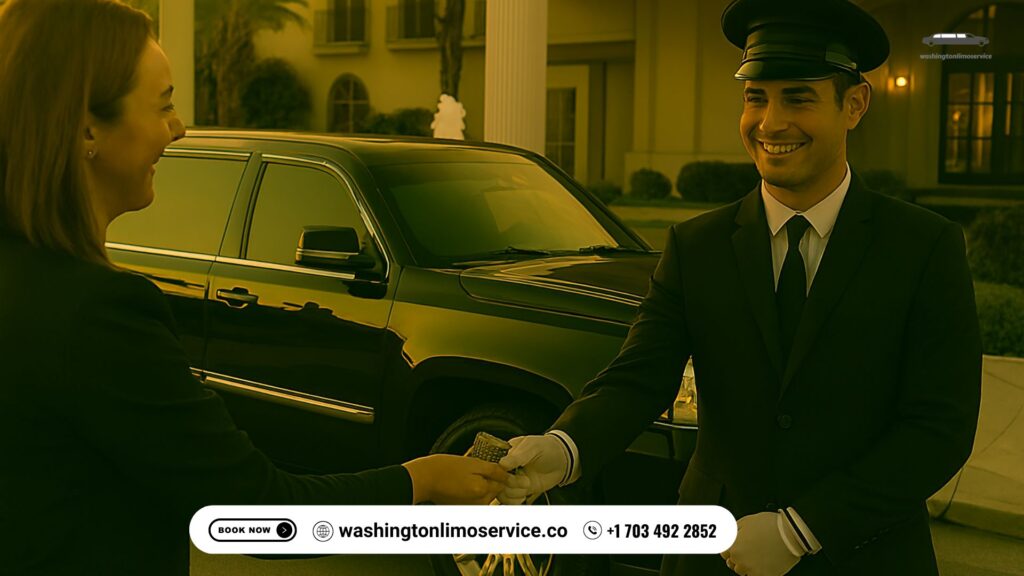 Female passenger tipping a professional chauffeur beside a black stretch SUV limousine outside a luxury hotel at sunset — Washington Limo Service.