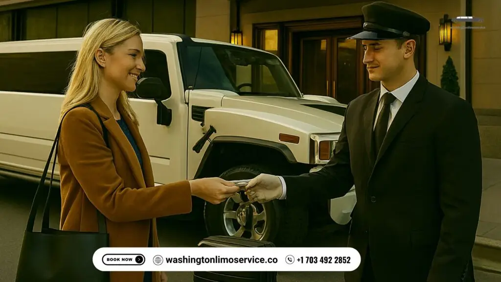 "Blonde female passenger tipping a white-gloved chauffeur beside a white stretch Hummer limousine outside a hotel entrance — Washington Limo Service.