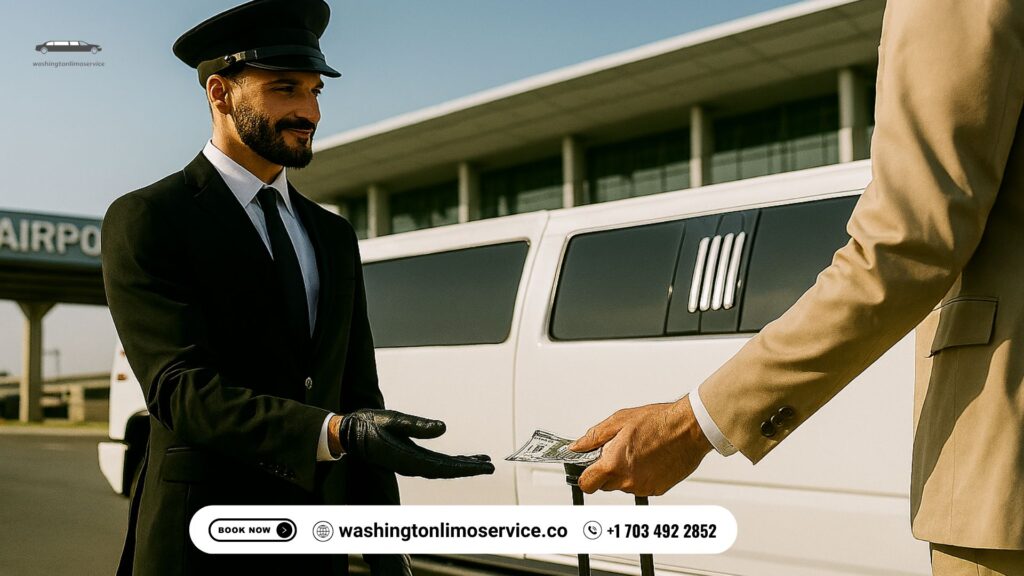 Professional chauffeur receiving a cash tip from a passenger beside a luxury limousine at an airport terminal in Washington DC