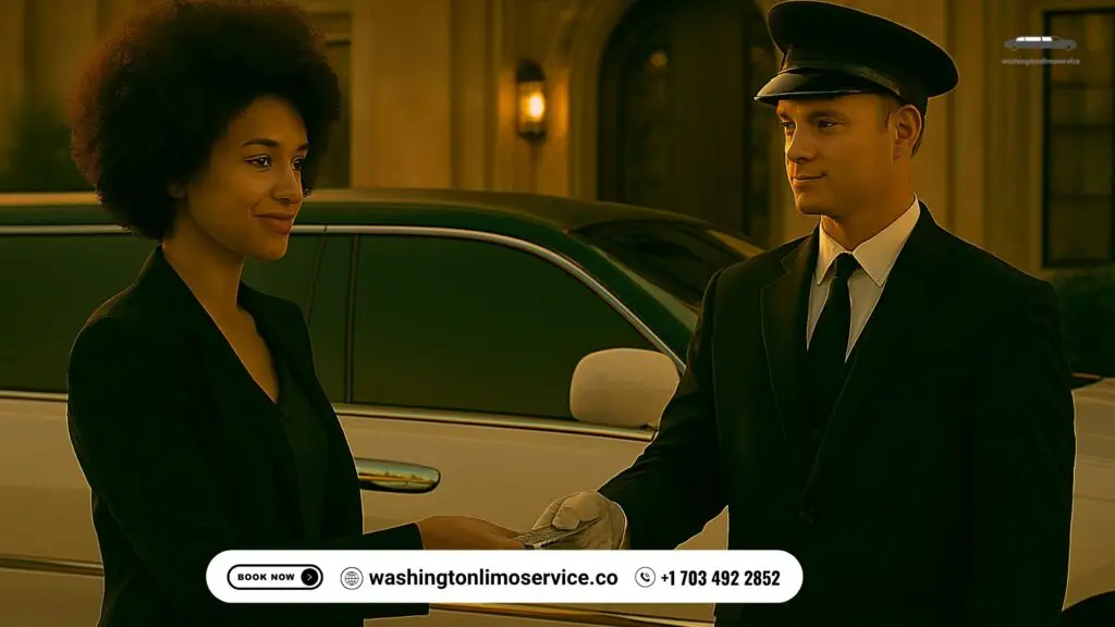 Smiling female passenger tipping a white-skinned chauffeur beside a black stretch limousine outside a historic venue — Washington Limo Service.