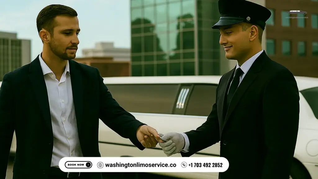 Well-dressed passenger tipping a uniformed chauffeur with white gloves beside a white stretch limousine parked in a city setting.