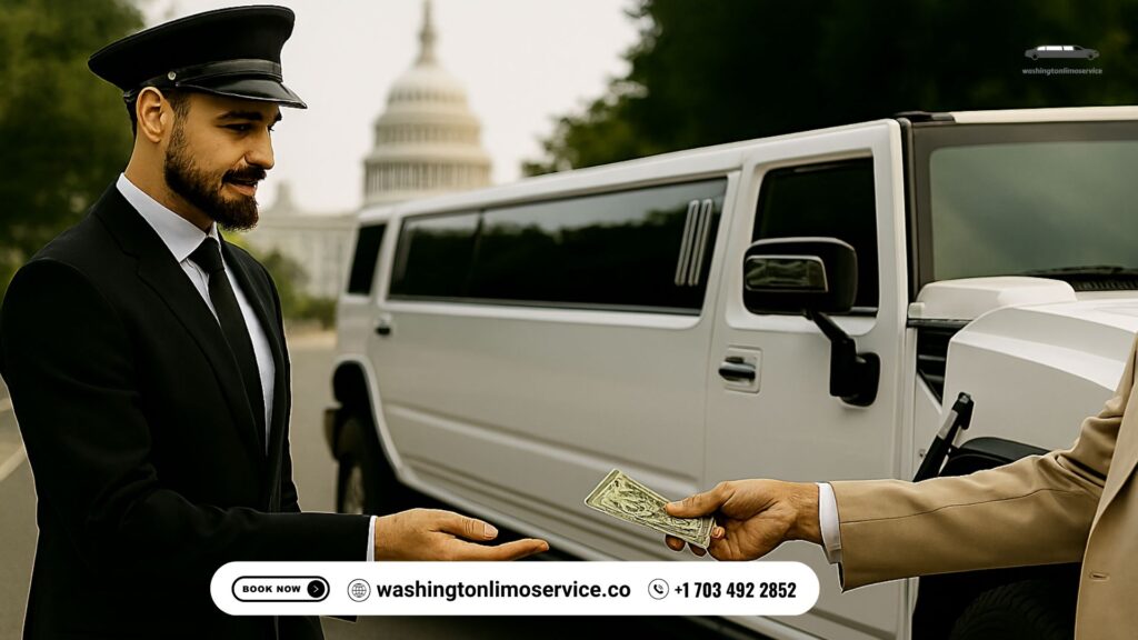 Passenger handing cash tip to a professional chauffeur standing beside a white stretch Hummer limousine near the U.S. Capitol in Washington DC