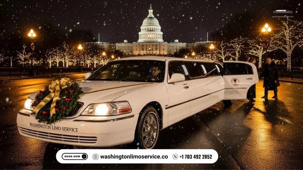White stretch limousine with Christmas wreath parked in front of the U.S. Capitol, festive lights and snowfall.