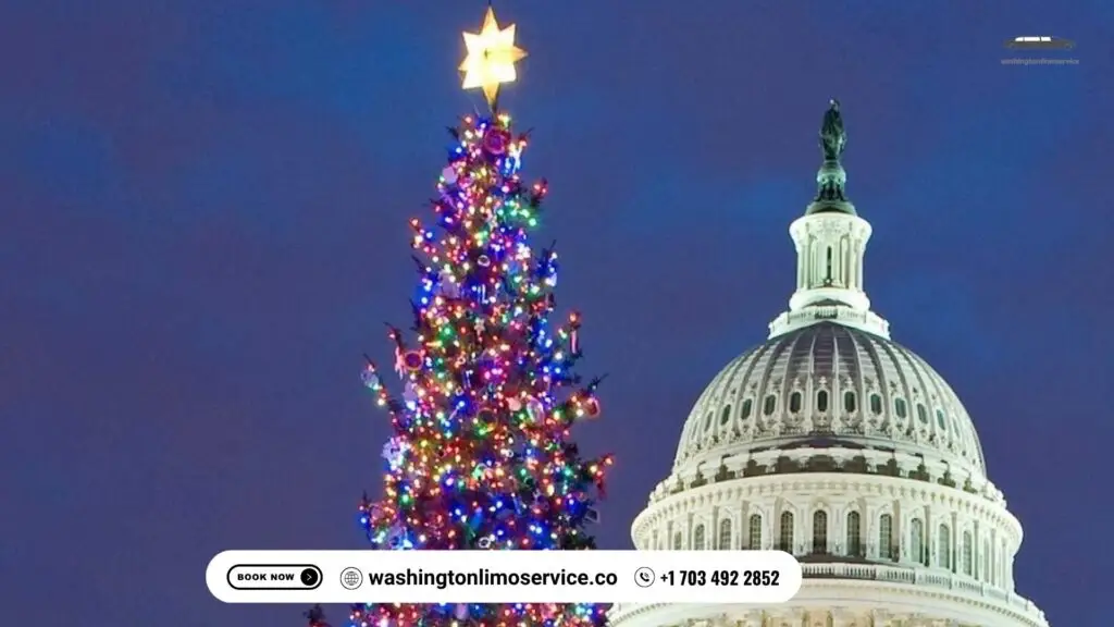 Illuminated Christmas tree next to the U.S. Capitol dome in Washington DC, festive lights and snowfall.
