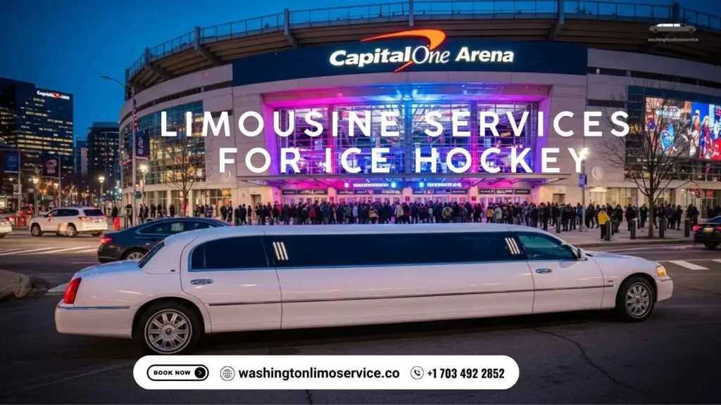 White stretch limousine parked outside Capital One Arena during ice hockey event – Washington Limo Service