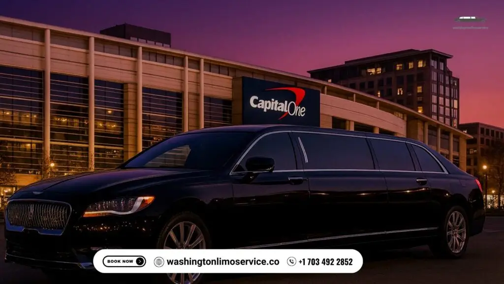 Black luxury limousine outside Capital One Arena during Washington Wizards game