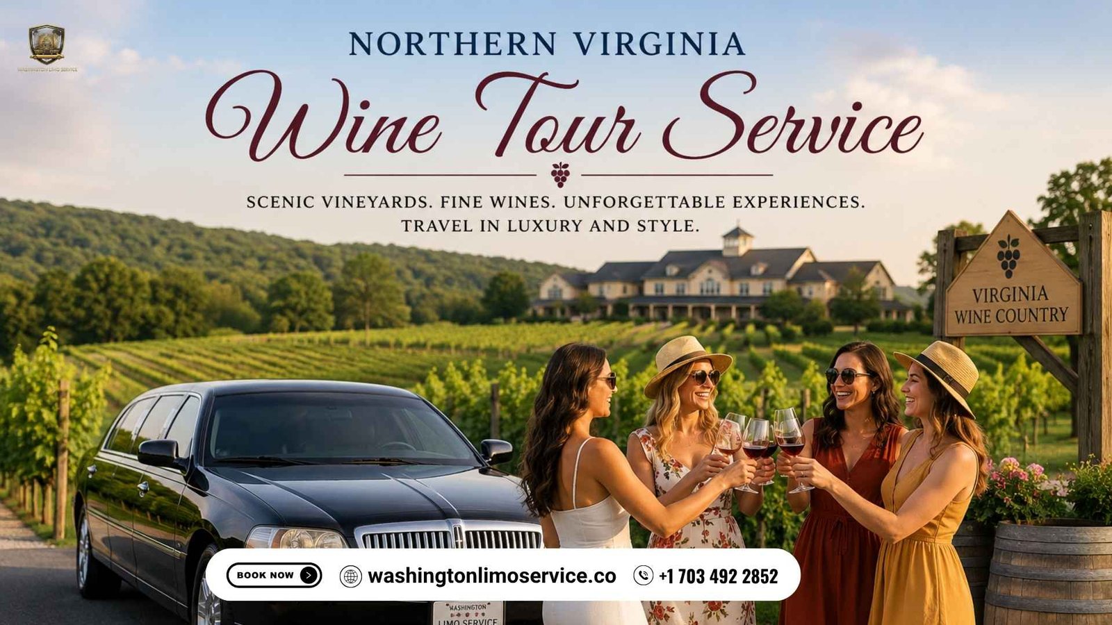 Luxury Northern Virginia wine tour service with a black limousine at a scenic Virginia vineyard and guests enjoying wine tasting.