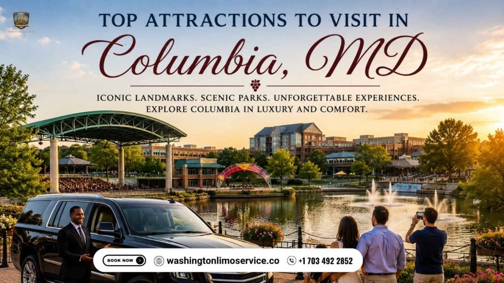 Top attractions to visit in Columbia, MD featuring Merriweather Post Pavilion, Lake Kittamaqundi, luxury Cadillac Escalade transportation, and Washington Limo Service.